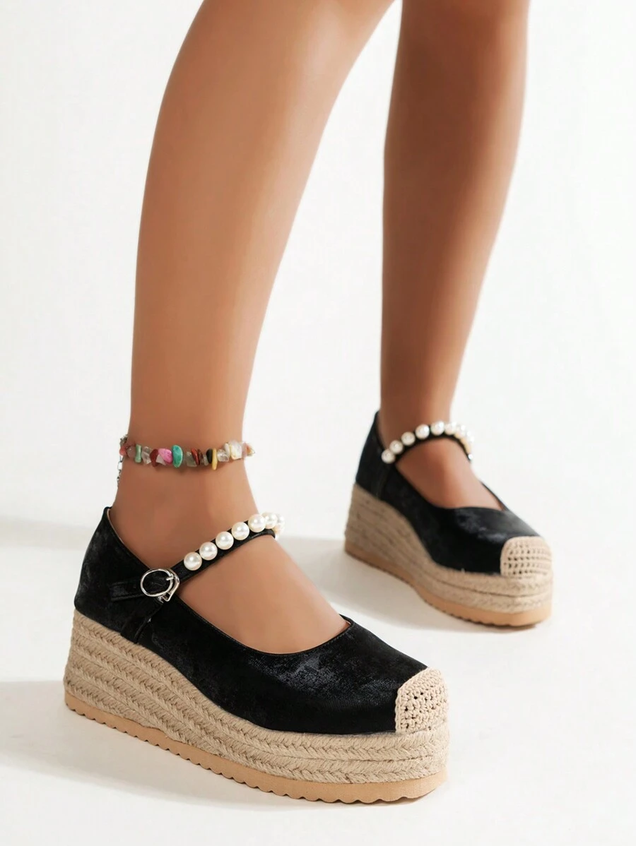 Giày sandal đế xuồng dệt phong cách Trung Hoa mới 2024 dành cho nữ, đế dày đế xuồng ngọc trai, giày lười mùa hè - màu đen - Xem 1