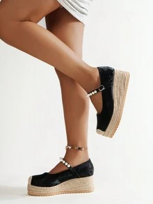 Giày sandal đế xuồng dệt phong cách Trung Hoa mới 2024 dành cho nữ, đế dày đế xuồng ngọc trai, giày lười mùa hè - màu đen - Xem 5