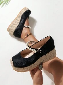 Giày sandal đế xuồng dệt phong cách Trung Hoa mới 2024 dành cho nữ, đế dày đế xuồng ngọc trai, giày lười mùa hè - màu đen - Xem 2