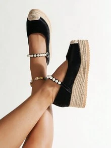 Giày sandal đế xuồng dệt phong cách Trung Hoa mới 2024 dành cho nữ, đế dày đế xuồng ngọc trai, giày lười mùa hè - màu đen - Xem 4