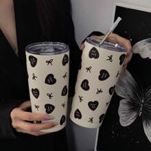 1 件 20 盎司/600 毫升黑色心形蝴蝶结系列保温杯、可重复使用旅行杯、带盖露营咖啡杯、真空瓶、返校、节日、生日礼物（不含吸管）返校 - 彩色 - 查看 1