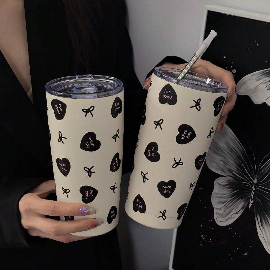 1 件 20 盎司/600 毫升黑色心形蝴蝶结系列保温杯、可重复使用旅行杯、带盖露营咖啡杯、真空瓶、返校、节日、生日礼物（不含吸管）返校 - 彩色 - 查看 1