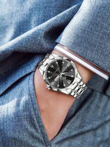 VA VA VOOM Men's Quartz Watch, Fashion Luxury Style, Rhinestone Markers, Dual Calendar, Stainless Steel Rivet, Luminous, Blue & Gold Casual Business Wristwatch