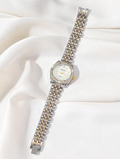 CARYINO 1pc Classic Business Quartz Horloge Stainless Steel Strap In Goud Zilver Embedded Diamonds, Wear view 3