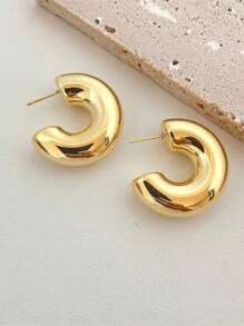 1pair Classic European & American Fashion Plated Hoop Earrings, Hollow Circle C Shape Elegant Earrings