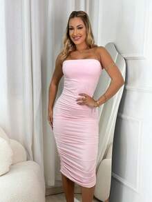 Strapless Ruched Midi Dress Summer Women's Fashion - 淺粉色 - 查看 1