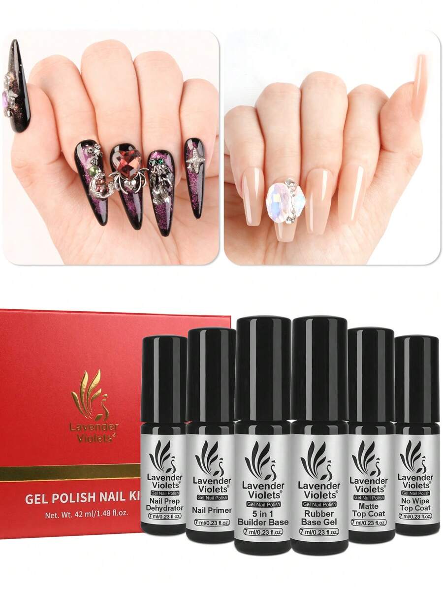 Lavender Violets Gel-Nagellack Set 6 Pcs Nail Primer Dehydrator Base,Top & Matte Top Coat LED Soak-Off 5 in 1 Builder Gel Rubber Base Unterlack & Überlack Gelnägel C200
