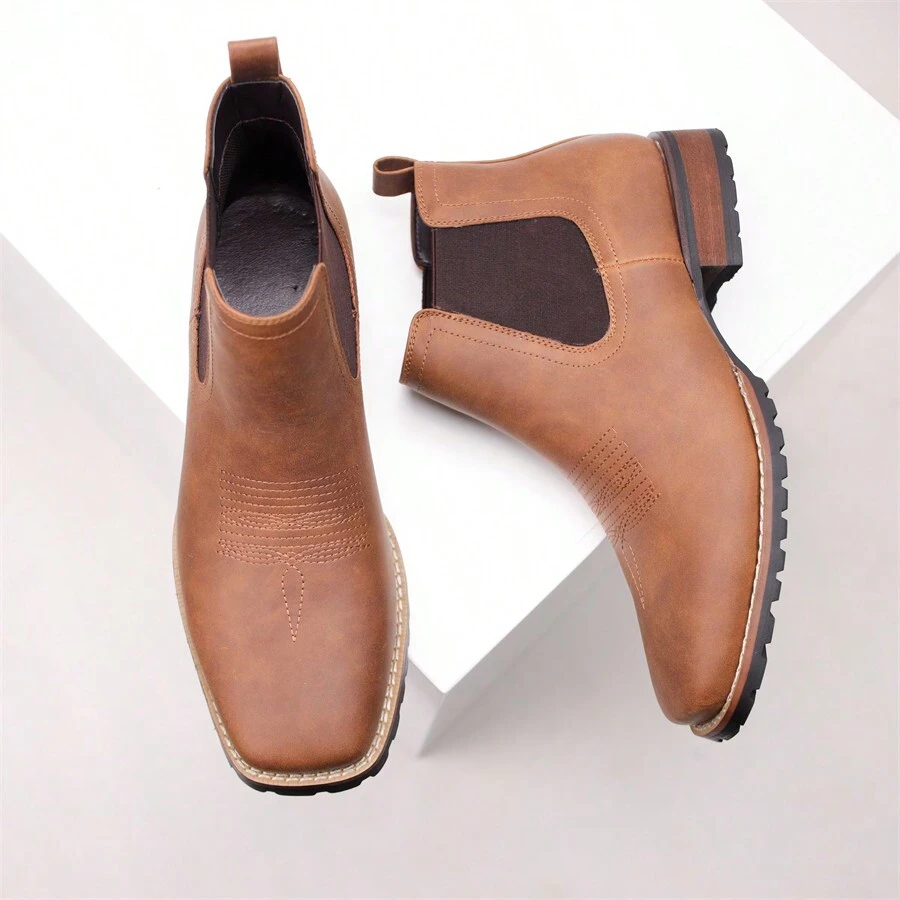 Giày bốt Chelsea thêu phong cách cao bồi miền Tây cổ điển dành cho nam, Giày bốt thời trang mũi vuông đế thấp, Giày da ngoài trời cao đến bắp chân, Áo hoodie thời trang - màu nâu - Xem 1