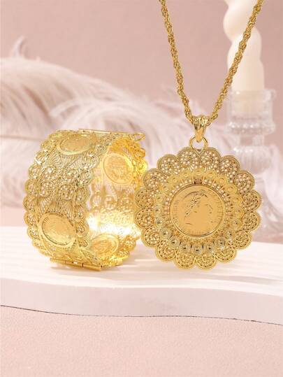 1 Set estilo Medio Oriente Moda Palacio Estilo Hueco Girasol Redondo Colgante Collar, Coincidencia Retrato Moneda Napoleónica Grabada Pulsera Ajustable, Adecuado para Boda, Fiesta y Uso en Eventos
