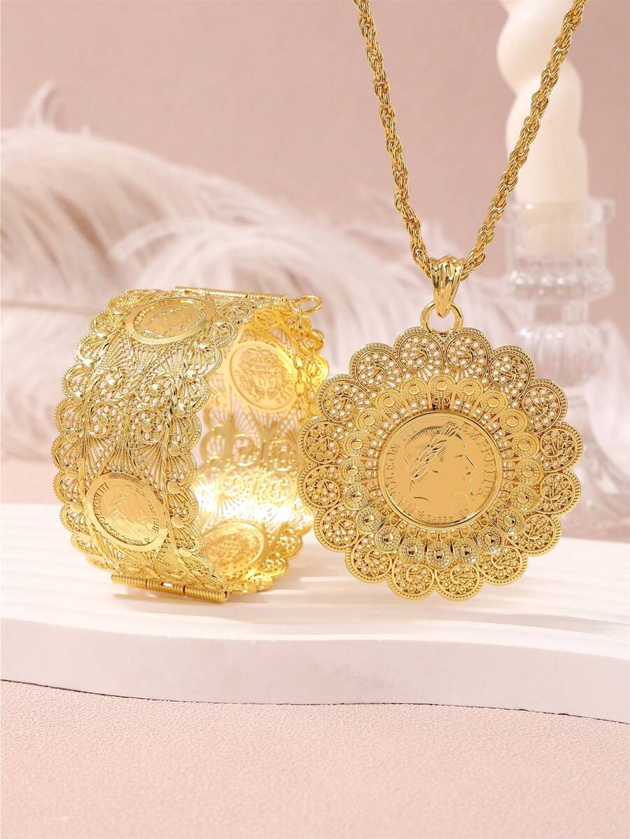 1 Set Middle East Style Fashion Palace Hollowed-Out Sunflower Round Pendant Necklace, Matching Napoleon Coin Portrait Engraved Adjustable Bangle, Suitable For Wedding, Party, And Event Wear