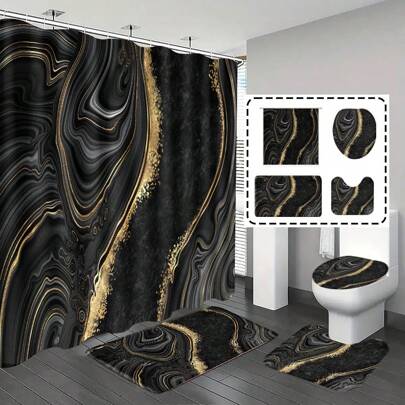 1pc/4pcs Bathroom Accessories Set Including Waterproof Black Marble Pattern Shower Curtain With 12 Hooks, Modern Minimalist Vintage Luxury Bathroom Set, All Season Bathroom Decor Set With Non-Slip Bath Mat, U-Shaped Mat And Round Toilet Lid Cover Fall Decor Back To School