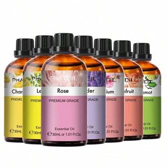 PHATOIL 1瓶30毫升/ 1.01液量盎司擴香器、加濕器、芳香療法、按摩浴放鬆精油，薰衣草、茉莉花、尤加利、香草、薄荷、檀香、乳香、甜橙、依蘭依蘭、檸檬、玫瑰、佛手柑、茶樹、丁香、檸檬草、廣藿香、迷迭香、天竺葵、香茅、廣藿香草、肉桂、葡萄柚、洋甘菊、鼠尾草、生薑、沒藥、柑橘、百里香、岩蘭草、牛至、苦橙花、留蘭香