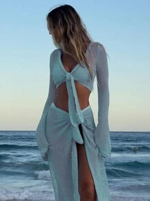 Wrap Style Cropped Top & Mini Skirt 2pcs Outfit Summer - Cadet Blue - View 3