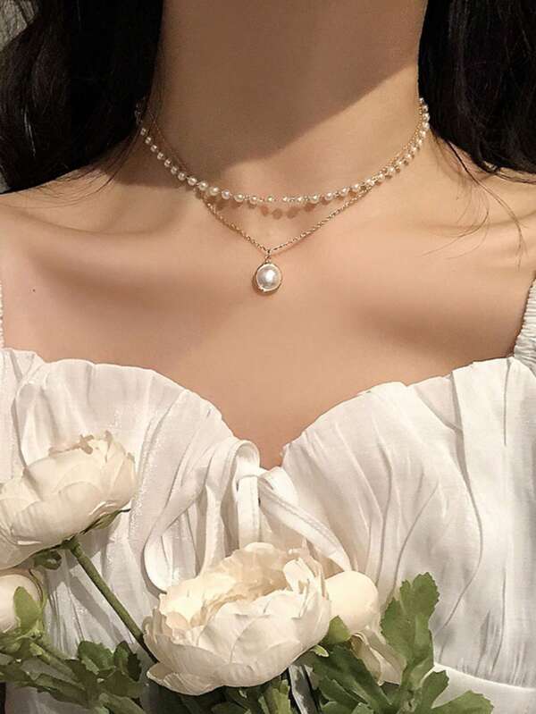 1pc Unique Double Layer Pearl Pendant Necklace For Women, Minimalist Design