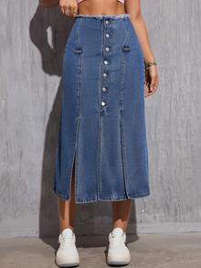 Women Fringed Button Front Split Hem Denim Maxi Skirt
