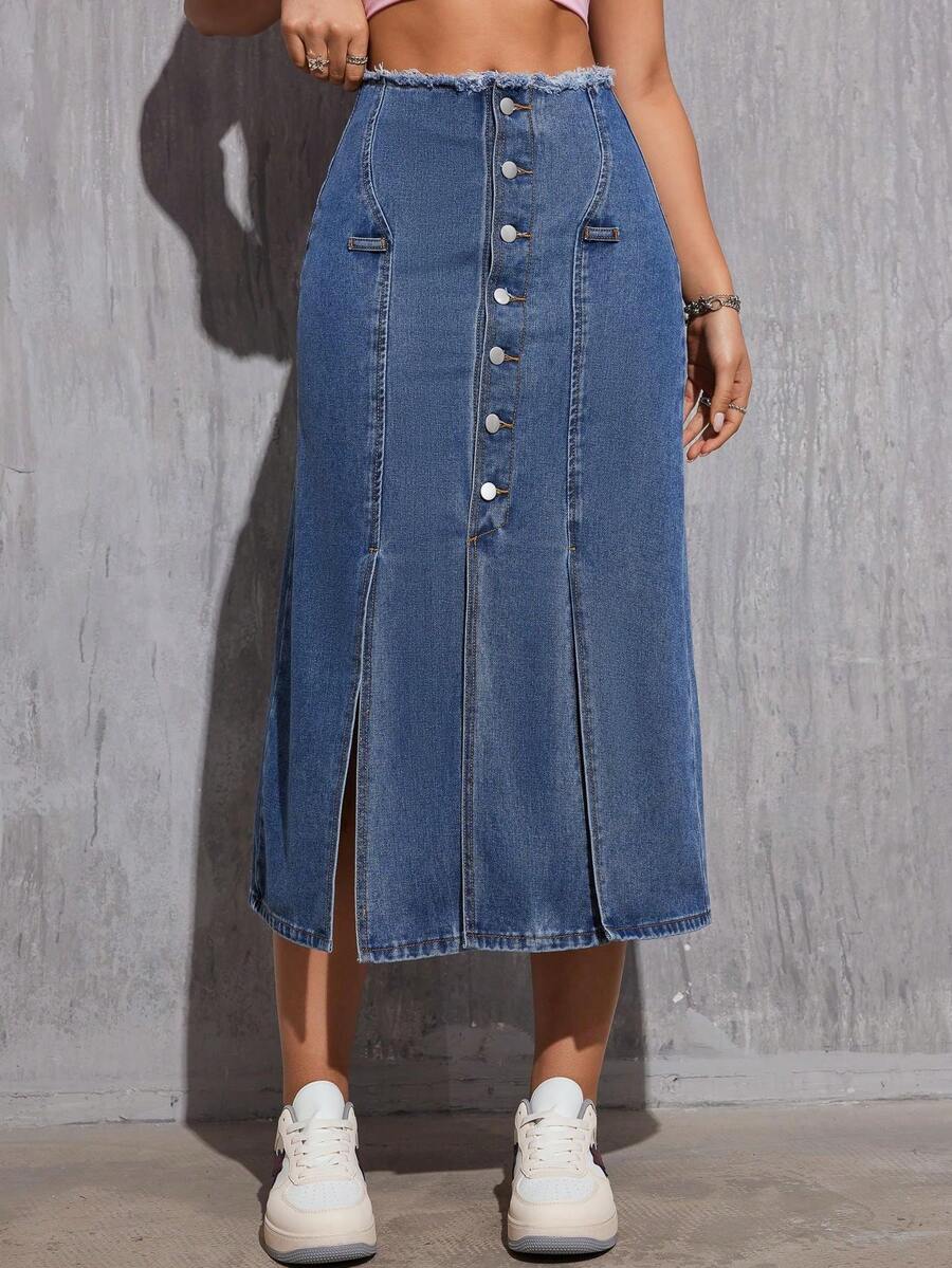 Women Fringed Button Front Split Hem Denim Maxi Skirt