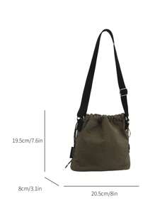 1pc Plush Pendant Accessory + 1pc Nylon Solid Color Drawstring Bucket Bag, Fashionable Shoulder Bag For Women , Green - Army Green - View 4