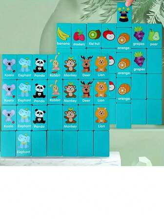 Montessori Early Education Toys, Develop Logical Thinking And Focus, Including Wooden Domino Tiles, Animal & Fruit Recognition Toys, Family Tabletop Games