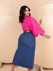 Women's Plus Size Midi Jean Skirt With Front Opening And High Waist - Màu xanh lam - Xem 2