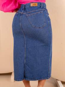 Women's Plus Size Midi Jean Skirt With Front Opening And High Waist - Màu xanh lam - Xem 4