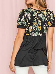 Boho Retro Baby Doll Ivory Navy Blue Floral Color Block Tunic Top Shirt - màu đen - Xem 5