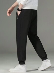 1 pieza Pantalón de ejercicio con forro polar grueso, resistente al agua, con cordón y bolsillos con cremallera para hombre, invierno