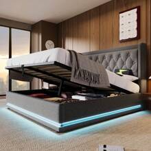 Okwish Box Spring Bed Upholstered Bed 90/140/160/180 X 200 Cm With Headboard With USB Charging Port And LED Lighting, Hydraulic Storage Bed With Bed Box Storage Space (Without Mattress)