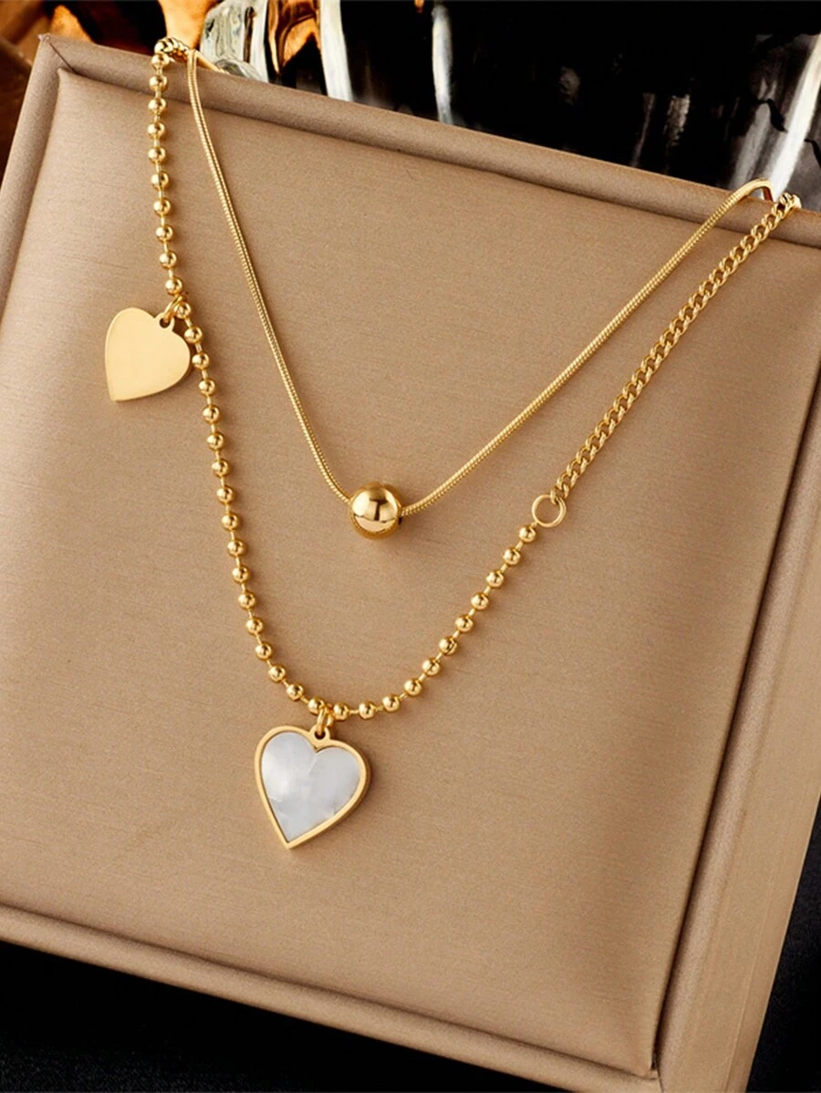 1pc Gold-Plated Double Layer Stainless Steel Chain With Shell & Heart Shaped Pendant Necklace - Multicolor - View 1