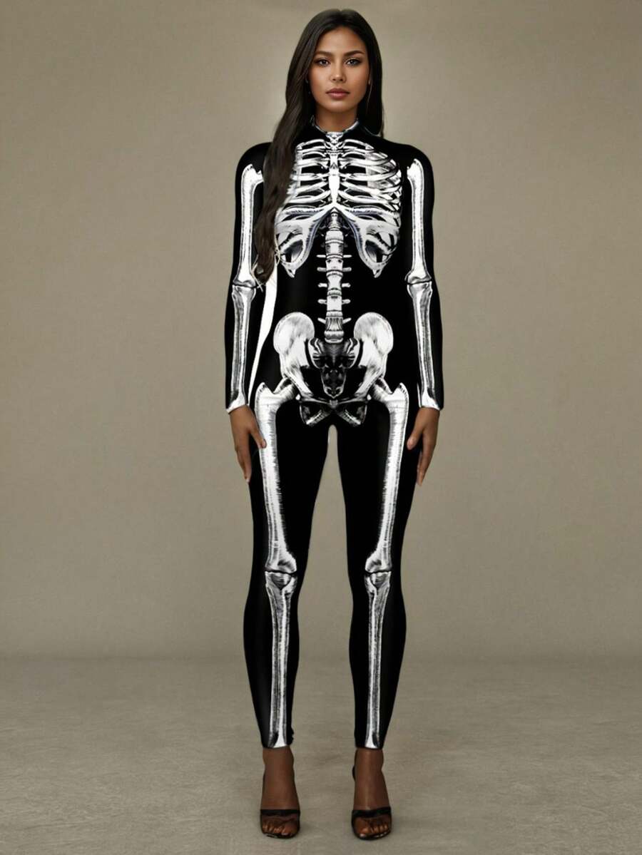 男女通用骷髅数码印花万圣节角色扮演连体衣