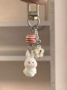 1pc Unisex Cartoon Rabbit Flocked Keychain With Heart, Carrot & Flower Pendant Accessory Bag Charm - Multicolor - View 1