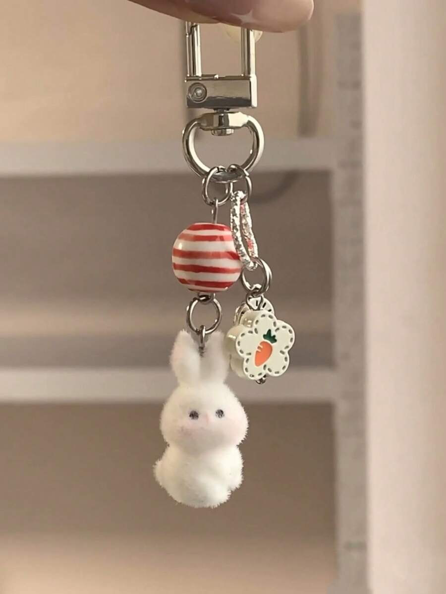 1pc Unisex Cartoon Rabbit Flocked Keychain With Heart, Carrot & Flower Pendant Accessory Bag Charm - Multicolor - View 1