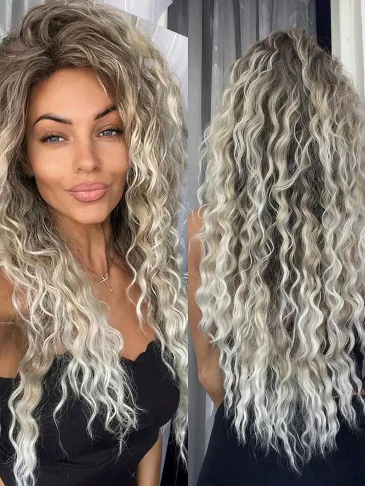 Ash Blonde Wig Synthetic Long Curly Hair Wigs For Women Fluffy Hairstyle Wave Ombre Wig Costume Carnival Party Regular Curly Wig 28inch SHEIN USA