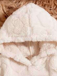 Tween 女童毛绒字母刺绣长袖连帽运动衫，时尚秋冬季 - 米色 - 查看 3