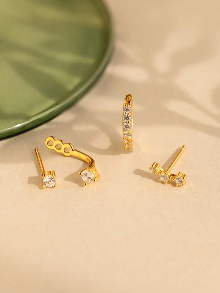 3/6pcs Fashion Silver Cubic Zirconia Simple Stackable Detachable Women Earrings, Golden - Silver - View 6