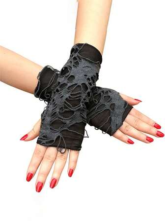 1 双破烂朋克无指手套，时尚万圣节手套，带拇指孔，用于音乐节服装派对、圣诞节的角色扮演