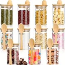 3/4/8 tarros de vidrio con tapas selladas, tarros de caramelos con cucharas, recipientes de almacenamiento de alimentos con tapas de bambú, tarros transparentes, para té, café, especias, dulces, utensilios de cocina, accesorios de cocina, artículos para fiestas - 3 tarros de condimentos de 8 oz. - Ver 2