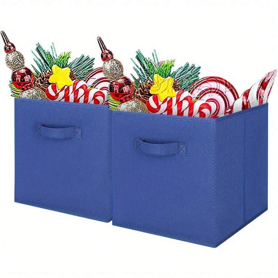 2 Pcs Foldable Storage Boxes 27x27x28cm Folding Box Folding Collapsible Organiser For Home And Office(Beige) - Blue - View 1