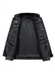 女士时尚休闲宽松修身夹克皮夹克黑色春季款 - 黑色 - 查看 4