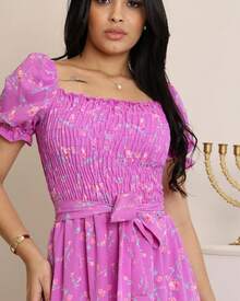 Summer Floral Crepe Midi Dress With Belt - 紫羅蘭色 - 查看 4