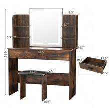 VOWNER Makeup Vanity Desk With Outlet, LED Lighted Mirror Brightness & Color Adjustable, 4 Shelves, 2 Drawers And Stool, For Girls Women - 質樸棕色 - 查看 8