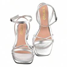 V.Stylo Geometric Block Heel Sandal With Thin Strap - Bạc - Xem 2