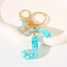 Llavero con letra del alfabeto en azul cielo con flecos de mariposa, llavero con inicial de piedra de resina con mosquetón - Accesorio decorativo de llavero para mujer, niña, mochila, colgante, accesorios para bolso, cordones con portaidentificación, accesorios para coche, encantos para bolso, regalo de Navidad, regalo para maestra, amiga, hermana - Multicolor - Ver 28