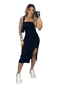 Women's Strapless Dress With Slit, Ribbed Cup, Fashion Colors, Premium Tube Dress - 黑色 - 查看 2