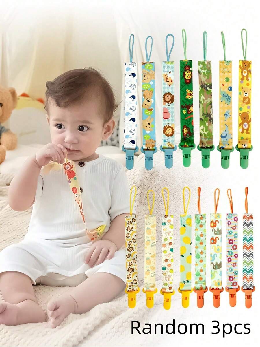 3pcs/Set 2-Sided Floral Pacifier Clips, Baby Teething Toy Holder Leash, Random Pattern - Blue - View 1
