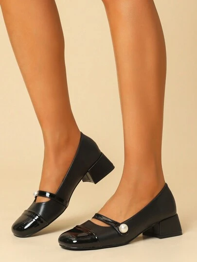 New Women Pearl Buckle Decor Round Toe Block Heel Splice PU Leather Casual Mary Jane Flat Shoes