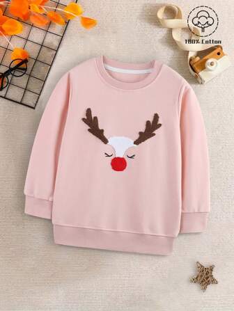 1 Stück Kleine Mädchen Weihnachtsren Bestickter Pullover, gestrickt, Herbst