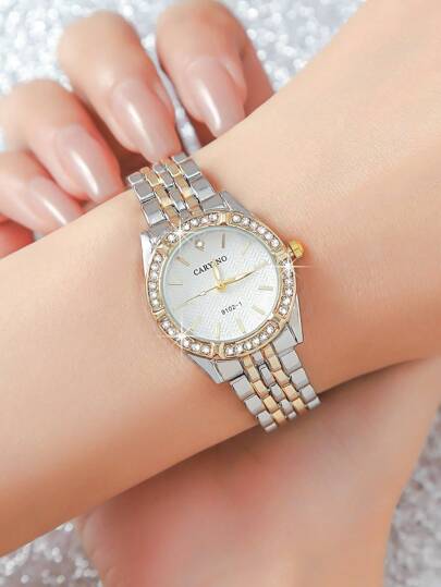 CARYINO 1pc Classic Business Quartz Horloge Stainless Steel Strap In Goud Zilver Embedded Diamonds, Wear view 2