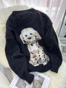 JIANHU Loose Round Neck Printed Sweater,Long Sleeve Tops - Black - View 1