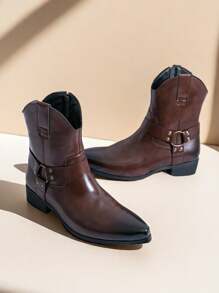 Western Cowboy Boots With Side Zipper Pointed Toe Mid-Calf Men Boots - Brown - View 1