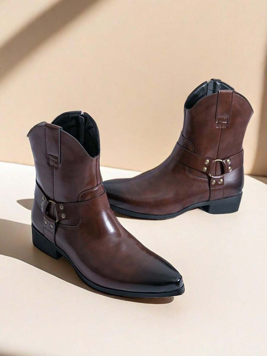 Western Cowboy Boots With Side Zipper Pointed Toe Mid-Calf Men Boots - Brown - View 1